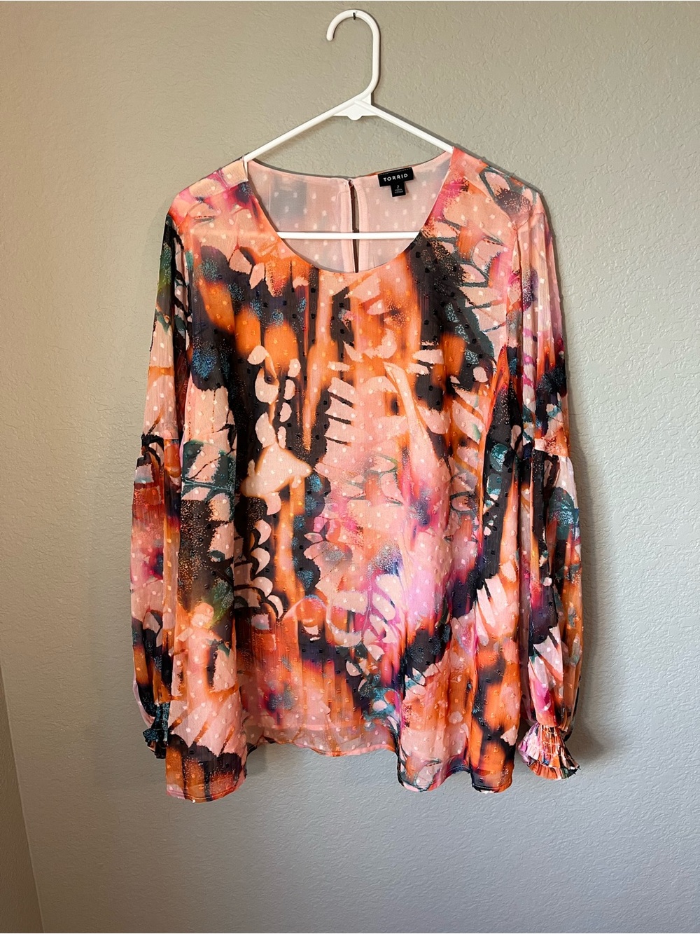 Torrid 2 2X Butterfly Floral Chiffon Clip Dot Blouson Sleeve Blouse Multicolor